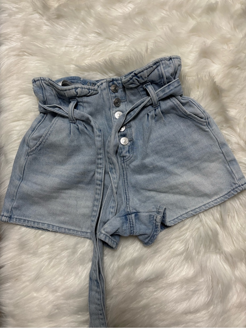 High-Waist Light Wash‎ Denim Paperbag Shorts